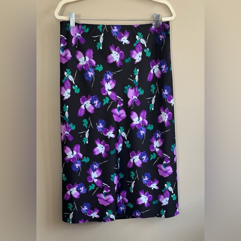 J Crew black and purple A line satin slip midi skirt size large new